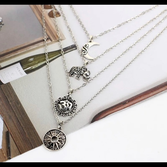 Docona Bohemian Necklace Moon Elephant Ancient Pendent Silver Color Long Alloy - Picture 3 of 5